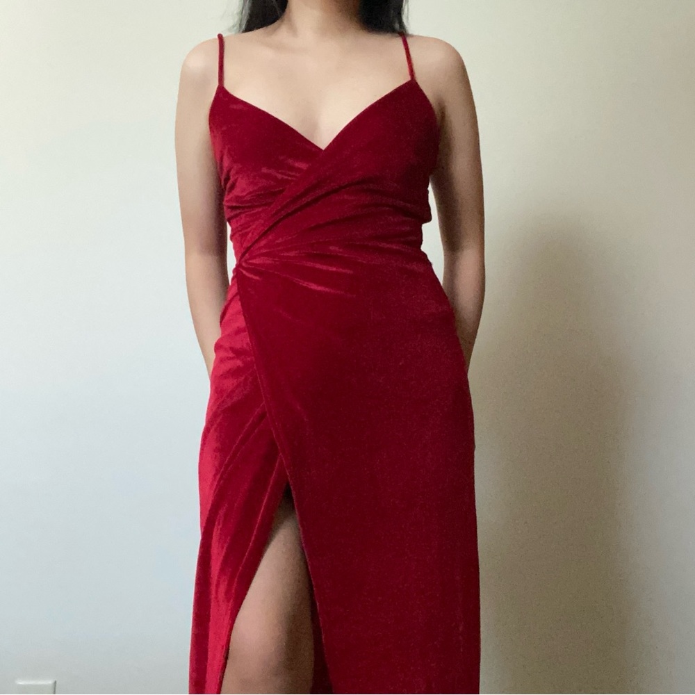 Evening Dark Red High Slit Velvet Wrap Floor Length Dress